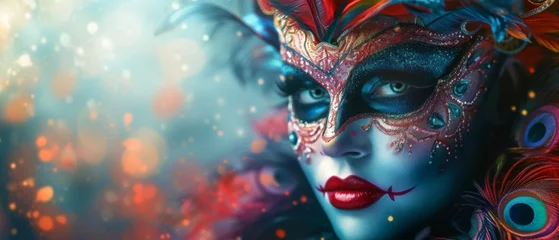 Gordijnen A colorful masquerade mask in bright colours on a blurred festive background with bokeh , party, Rio, Venice and Tenerife carnival concept banner poster or card design copy space © ND STOCK