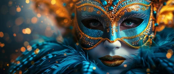  A colorful masquerade mask in bright colours on a blurred festive background with bokeh , party, Rio, Venice and Tenerife carnival concept banner poster or card design copy space © ND STOCK