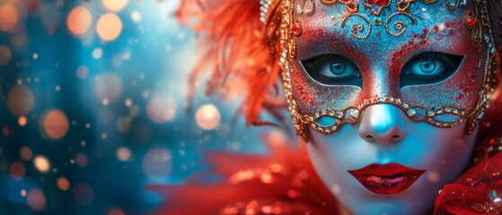 A colorful masquerade mask in bright colours on a blurred festive background with bokeh , party, Rio, Venice and Tenerife carnival concept banner poster or card design copy space - obrazy, fototapety, plakaty