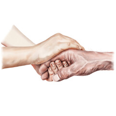 Two people holding hand together isolated on transparent background. Hand drawn watercolor helping hand.