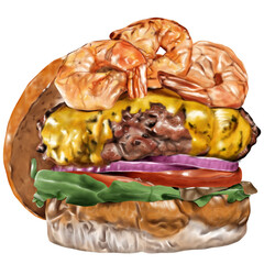 Hand drawn watercolor delicious Shrimp burger illustration, fastfood isolated on transparent background.