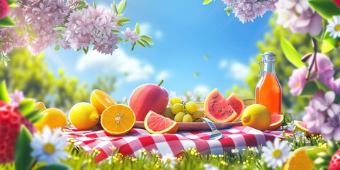 Spring Picnic: A Vector Illustration of a Picnic Scene with a Checkered Blanket, Fresh Fruits, and Flowers, Representing Spring Leisure