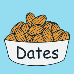 Almond or Dates Fruit in a bowl on a blue background. Vector illustration.