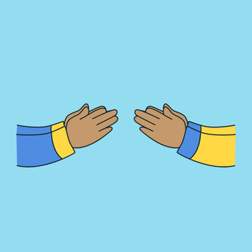 Two hands clapping isolated on blue background. two hands reaching out to each other in islamic gesture tradition. Vector illustration in flat style.