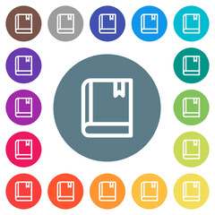 Book with bookmark outline flat white icons on round color backgrounds