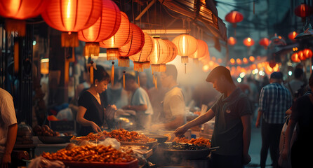 a street market scene with people buying food and lanterns