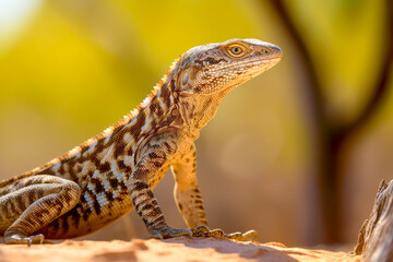 Obraz premium Wild lizard basking on a sandy desert terrain with a blurred background, showcasing natural wildlife in a dry habitat.