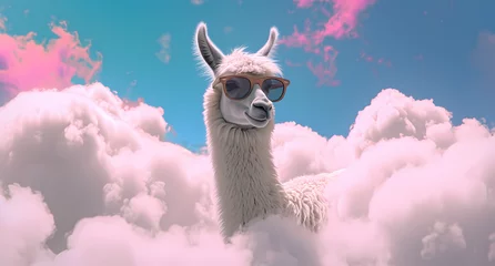 Zelfklevend Fotobehang Lama an llama in the clouds with sunglasses