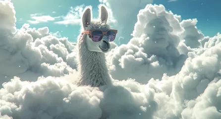 Papier Peint photo Lama an llama in the clouds with sunglasses