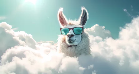 Cercles muraux Lama an llama in the clouds with sunglasses