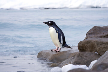 Fototapeta premium Adelie penguin on rocky Antarctic beach with soft focus background