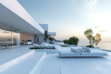 Fototapeta premium Luxury apartment terrace Santorini Interior of modern living room sofa or couch with beautiful sea view