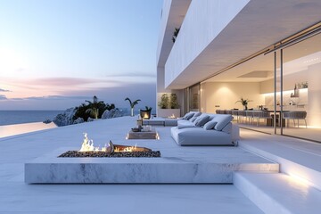 Luxury apartment terrace Santorini Interior of modern living room sofa or couch with beautiful sea...