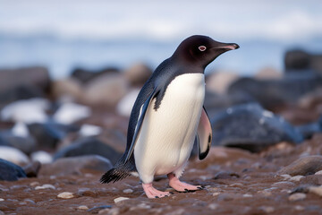 Naklejka premium Adelie penguin on rocky Antarctic beach with soft focus background