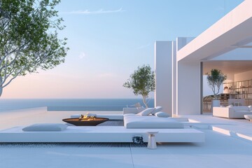Fototapeta premium Luxury apartment terrace Santorini Interior of modern living room sofa or couch with beautiful sea view