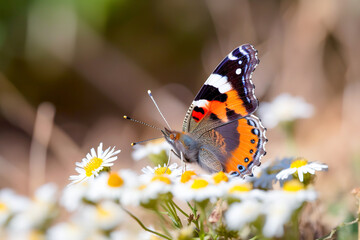 Obraz premium Colorful butterfly on white daisy flowers with a blurred background.