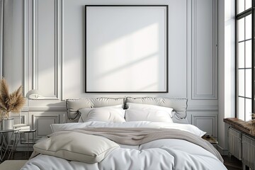 Minimalist Bedroom Poster Mockup, Modern Interior Design,Blank Frames in Stylish Bedroom, Interior Mockup