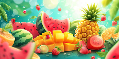 Summer Fruits: A Vector Illustration of Fresh and Juicy Summer Fruits like Watermelon, Pineapple, and Mango, Representing Seasonal Delights