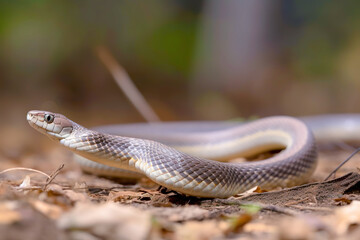 Fototapeta premium Close-up of a snake on sandy ground with a blurred background, capturing wildlife in its natural habitat.