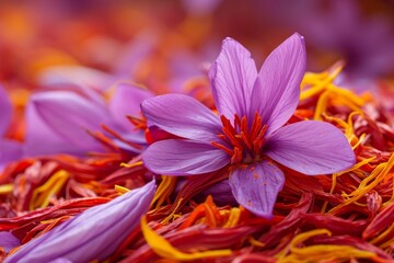 Saffron flower on a pile of saffron threads