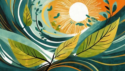 abstract background with leaves, Warm Whispers: Abstract Autumnal Branch with Radiant Sun