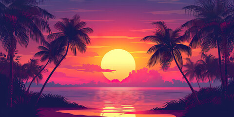 Fototapeta na wymiar Sunset Paradise: A Vector Illustration of a Tropical Sunset with Silhouettes of Palm Trees and Relaxing Atmosphere