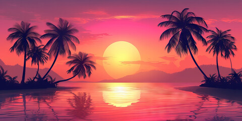 Fototapeta na wymiar Sunset Paradise: A Vector Illustration of a Tropical Sunset with Silhouettes of Palm Trees and Relaxing Atmosphere