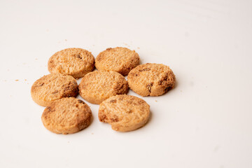 view of chocolate chip cookies, on a white background