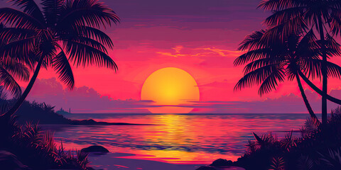 Sunset Paradise: A Vector Illustration of a Tropical Sunset with Silhouettes of Palm Trees and Relaxing Atmosphere