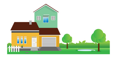 Modern simple suburban house exterior set in flat style design, set of colorful house exterior, vector illustration isolated on white. 