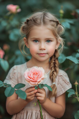 Child Holding a Beautiful Pink Rose in Garden