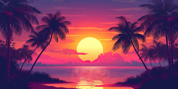 Sunset Paradise: A Vector Illustration of a Tropical Sunset with Silhouettes of Palm Trees and Relaxing Atmosphere