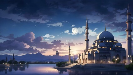 Naklejka premium mosque at night with a half moonanime style