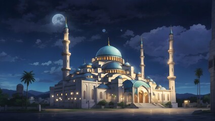 Fototapeta na wymiar mosque at night with a half moonanime style