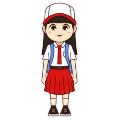 Art image of elementary school children wearing Indonesian red and white school uniforms, digital art illustration