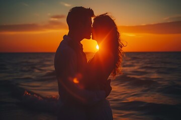 kiss of a beautiful young couple on the seashore at sunset - obrazy, fototapety, plakaty