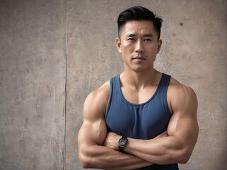 Sexy Portrait of Muscular Asian Guy with Navy Blue Tank Top Crossing Arms