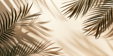 Obraz premium Top view of green tropical palm tree and shadow on wall background, Minimal fashion summer holiday concept. Flat lay