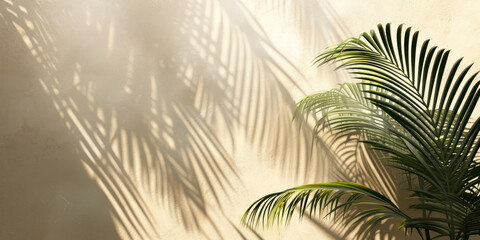 Top view of green tropical palm tree and shadow on wall background, Minimal fashion summer holiday concept. Flat lay