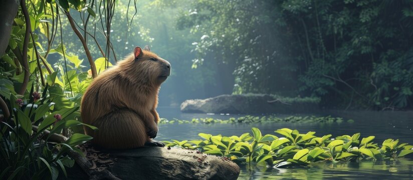 Capybar's Natural Habitat: Majestic Capybar Sitting under a Bush in its Lush Natural Habitat