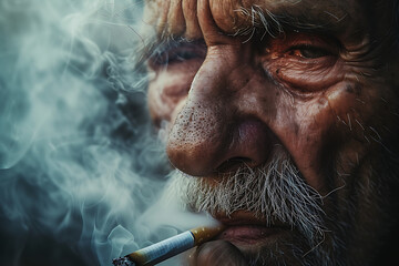 heavy smoker, aged man, harm and poison of smoking and tobacco smoke