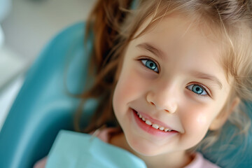 portrait of a smiling child sitting in a dental chair in a clinic