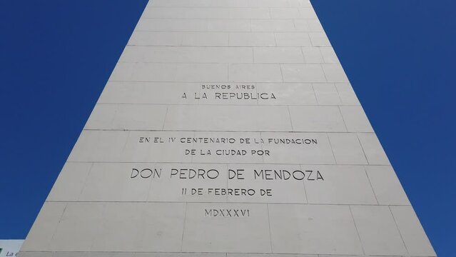 Obelisk of Buenos Aires Argentina White High Monument Close up, Brick Scripture of Argentine Independence City Foundation