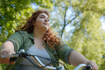 young attractive plus size woman rides a bike in nature on a summer day, training motivation for losing excess weight and against obesity