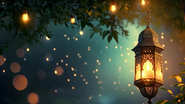 lantern glow at night with bokeh lights. 4k video animation