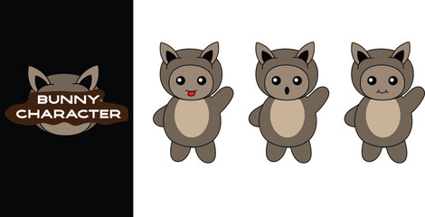 Cute rabbit character with various expressions. Cute bunny character holding gift, heart, drink. Editable character color 