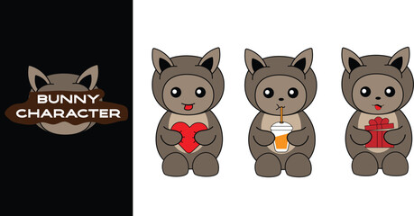 Cute rabbit character with various expressions. Cute bunny character holding gift, heart, drink. Editable character color 