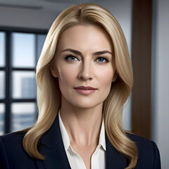 portrait/studio photograph/headshot of a serious blonde businesswoman wearing a suit in an office - confident, competent employee or executive