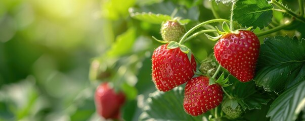 Close-up of strawberries on branch with dew drops