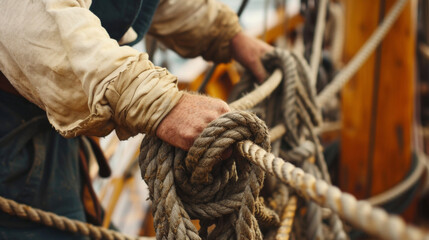 Obraz premium The bosuns strong calloused hands expertly coil ropes and secure them to the deck a testament to years of experience at sea.